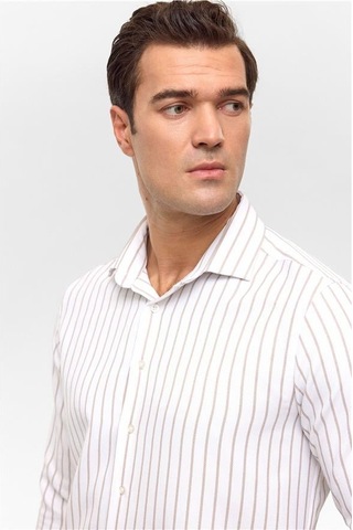 Bej Slim Çizgili Klasik Yaka Gömlek Bej