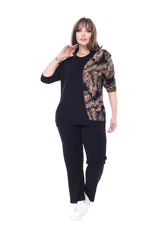 Melsay Butik Siyah Truvakar Kol Yarım Başak Garnili Viskon Büyük Beden Takım Siyah