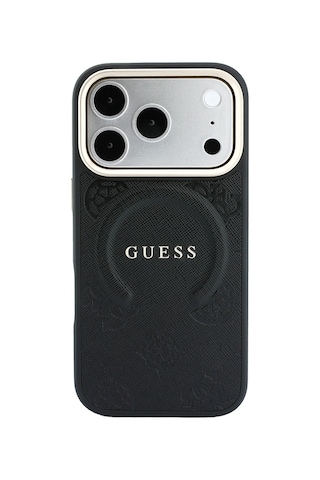Apple iPhone Uyumlu 18 Pro Max Kılıf Guess Lisanslı M-safeli Yazı Logolu C-magnet Pu Deri Peony Kapak Siyah