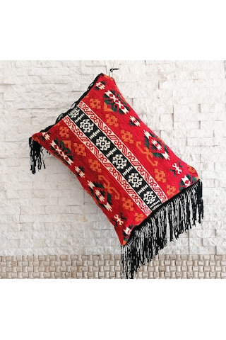 Etnik Kırmızı Kilim Püsküllü Kırlent Bohem Dekoratif İçi Dolgulu Yastık Kırmızı