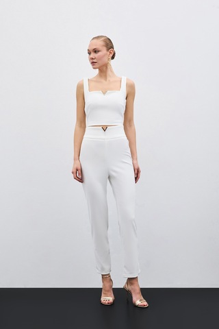 Sateen Bel Aksesuarlı Pantolon - Ekru-135480 Ekru