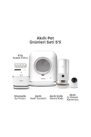Xenon Smart Akıllı Otomatik Kedi Tuvaleti Çelik Mama Kabı Su Sebili Kamera Ve Yedek Filtre 5'li Pet Seti