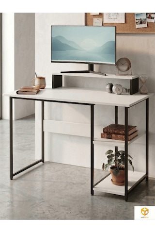 Vienna 2 Raflı Metal Ayak Çalışma Masası Laptop Masası Bilgisayar Masası 60x120cm Siyah - Beyaz