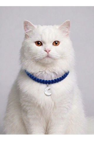 Lacivert El Örgüsü Makrome Kedi Tasması 27 Cm - Ay Figürlü Charm Şık Kedi Boyun Tasması