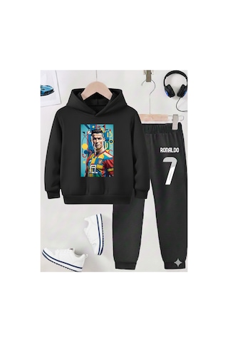 Stil X Ronaldo Baskılı Erkek Çocuk Eşofman Takımı, 3 İplik Şardonlu Kumaş Siyah-4