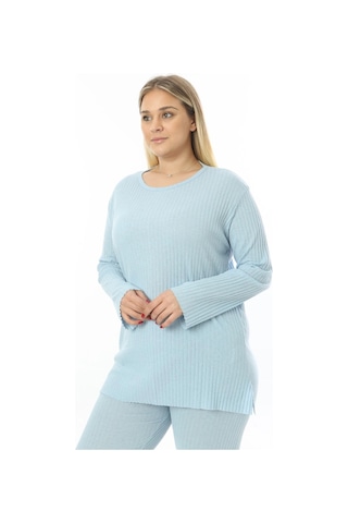 Modasehle Büyük Beden Uzun Kollu Yüksek Bel Beli Lastikli Yırtmaçlı İnce Pijama Takım Uzun-mavi