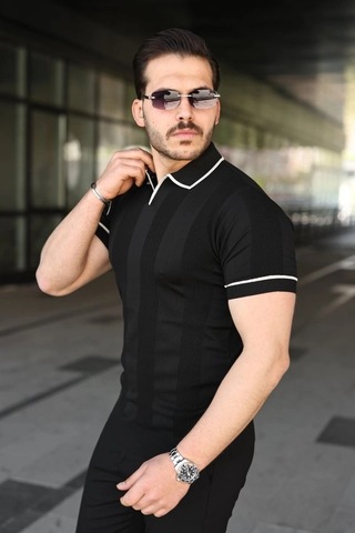 Zennamoda Erkek Dokulu Desen Yakalı Kısa Kollu Tişört Siyah