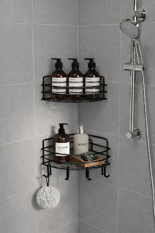 Sas Haus Tek Katlı Köşe Duş Rafı Kancalı Banyo Şampuanlık & Organizer 2 Adet Siyah Tk-01 Siyah