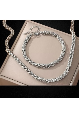 Çelik Takı Seti Bileklik Kolye Burgu Zincir Model 2 Mm Kalınlık 18-55 Cm Uzunluk Gümüş Silver Gümüş