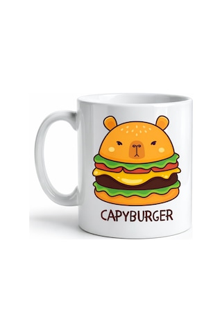 Capyburger Tasarım Kupa Model 230 Sevimli Kapibara Burger Baskılı Seramik Kahve Kupası Çok Renkli