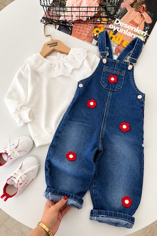 Minigimin Cicileri Çiçek Aplikeli Denim Salopet Ve Dantel Yakalı Bluz Kız Çocuk 2 Li Takım - Mavi Diğer