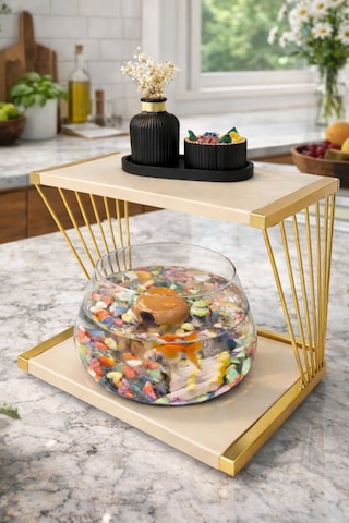 Reyo Ok-ay Store Exclusive Işıklı Beta Akvaryum Ve Fanus Modern Tasarım Led Aydınlatmalı Modern Temalı Fanus Gold-krem
