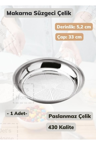 Makarna Süzgeci 33 Cm Paslanmaz Çelik Süzgeç İnce Metalik Gri