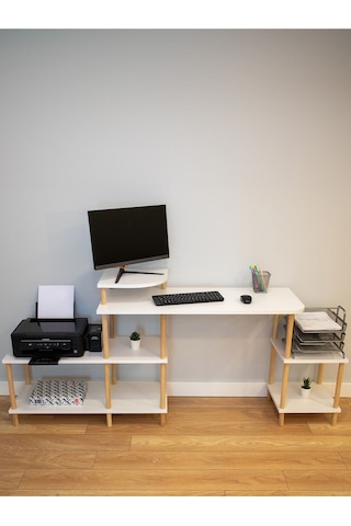 Çalışma Masası 5 Raflı Ahşap Ayaklı Dekoratif Modern Bilgisayar Ofis Masası - Beyaz - Köşe