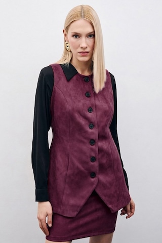 Sateen Düğmeli Uzun Süet Yelek - Mürdüm-135508 Mürdüm