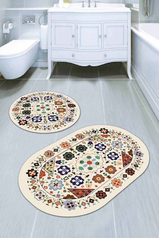 Krem Etnik Desen Banyo Halısı Klozet Oval Paspas Seti Bs082n11