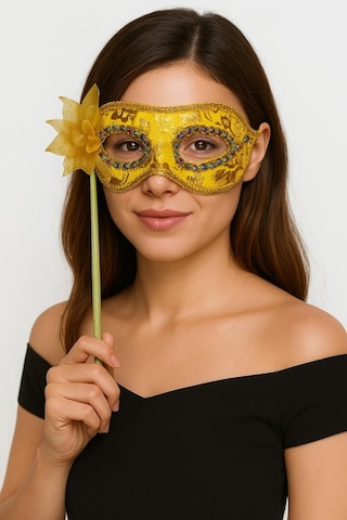 Nessiworld Lüks Taşlı Saplı Maskeli Balo Maskesi Altın Renk 35 Cm