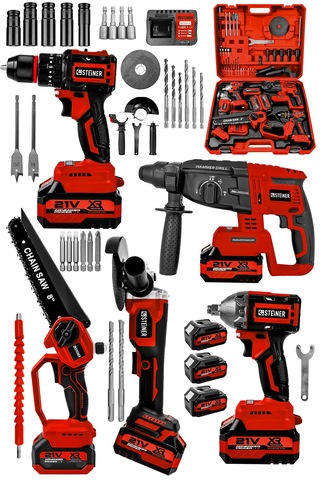 Steiner 21v Darbeli Kömürsüz 5'li Set Kırıcı Delici Hilti - Somun Sıkma Sökme - Testere - Matkap - Vidalama Kırmızı