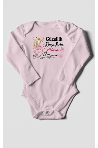 Morivokids Güzellik Başa Bela Ablamdan Biliyorum Uzun Kollu Bebek Body %100 Pamuk Bebe Pembe