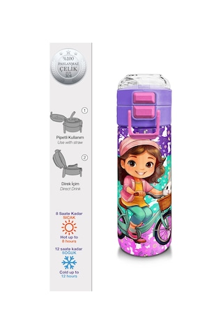Coral High Kids Mor Pembe Bisikletli Kız Desenli Pipetli Ve Direkt İçim Çelik Termos 500 Ml 31797 Mor