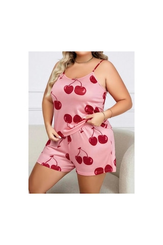 Kapsulavm Büyük Beden Pembe Kiraz Desen İnce Askılı Pamuklu Şortlu Pijama Takımı Pembe
