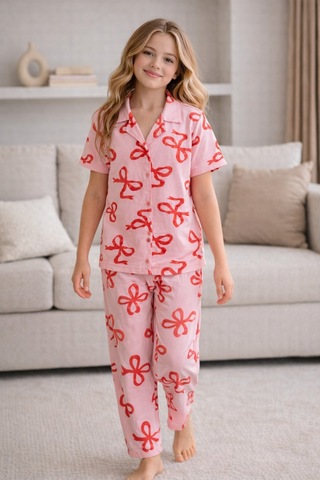 Beka Kids Kız Çocuk Önden Düğmeli Devrik Yaka Kısa Kol Uzun Pantolon Desenli Pijama Takımı Pembe