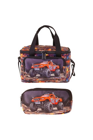 Kaukko Kids Erkek Çocuk Arazi Aracı Baskılı Siyah - Kırmızı Thermo Beslenme Çantası Ve Kalemlik Seti - Setkk-l5360