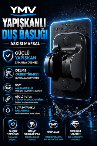 Ymv Yapışkanlı Duş Başlığı Askısı Mafsallı Ayarlanabilir Duş Tutacağı Delme Gerektirmeyen Güçlü Duvar Aparatı Siyah