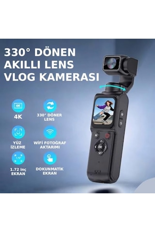4k Ultra Hd Profesyonel Aksiyon Kamerası, Vlog Kamera, 330 Dönebilir, Yüz Takibi, Dokunmatik Ekran, 2400 Mah Batarya, 75mp Fotoğraf Çözünürlüğü