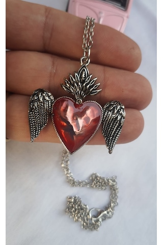 Kırmızı Mineli Feathers Heart Kolye Kahverengi - Taba