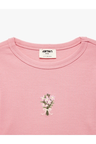 Koton Çiçek Nakışlı Slim Fit Pamuklu Bisiklet Yaka Uzun Kollu Tişört Pembe 7wkg10519ak Gül
