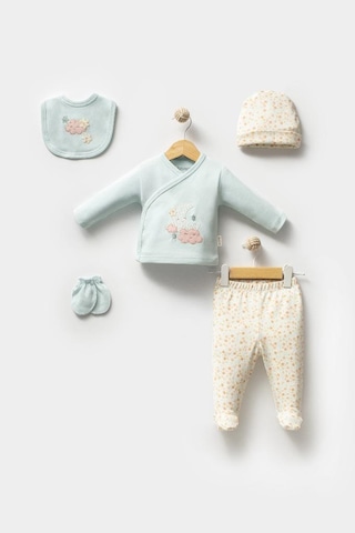 Bebitof %100 Pamuk Sevimli Ay Ve Bulutlar Desenli Bebek 5 Parça Yenidoğan Hastane Çıkışı Zıbın Seti Bbtf.ysl.20223 Yeşil