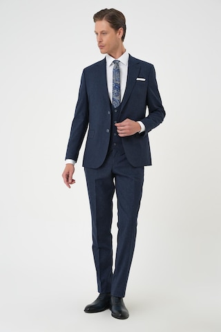 Efor Slim Fit Çift Yırtmaç Keten Karışımlı Yelekli Klasik Lacivert Takım Elbise Tk 914 Lacivert