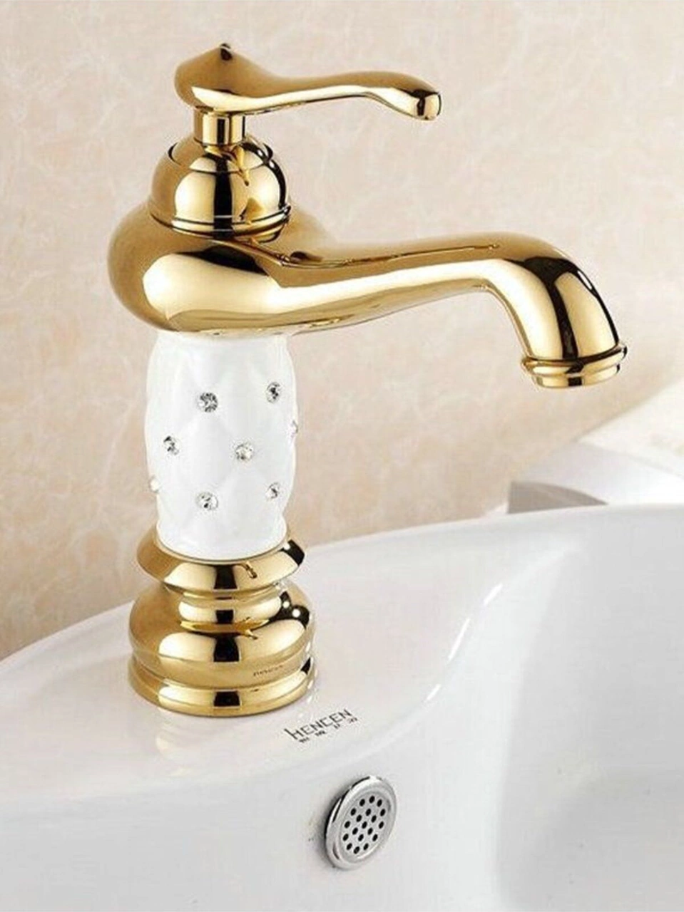 Fleko Lavabo Bataryası Antik Gold Beyaz Kabartma Desenli 20 Cm Yükseklik Banyo Lavabo Bataryası Gold