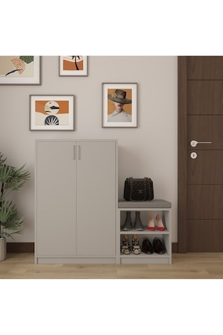 Asra Trend Puflu Ayakkabılık A-23 %100 MDF Minderli Geniş Portmanto Kül Gri