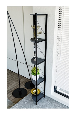 Alpa Ev Mobilya Üçgen Köşe Raf, 5 Raflı Metal Gövdeli Dekoratif Kitaplık, Çok Amaçlı Ünitesi Antrasit