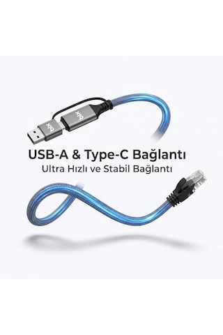 C6ac15 2in1 Usb-a & Type-c To Rj45 1000mbps Gigabit Ethernet Dönüştürücü Cat6 Kablo 1.5 Metre Thunderbolt 3/4/5, Mac/windows/ipad/android Uyumlu