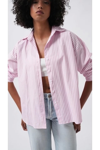 Defymoda Çizgili Detay Oversize Gömlek Pembe