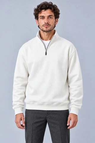 Suma Erkek Beyaz Dik Yaka Yarım Fermuarlı Şardonlu Kışlık Sweatshirt