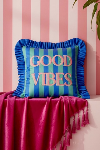 Good Vibes Fırfırlı Dekoratif Kırlent Kılıfı Mavi