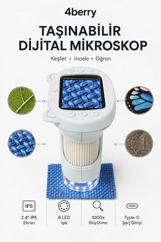 4berry Taşınabilir Fotoğraf Çekebilen Dijital Mikroskop 1000x 2.4 Ips Ekran, 2 Mp Kamera, 8 Led Işık, Type-c Şarjlı Beyaz
