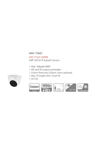 Dahua Hac-T1A21-0280B 2Mp 2.8Mm 4In1 Ir Dome Hd-Cvı Kamera