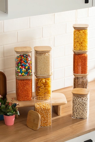 Porsima 6-3 Bambu Vakumlu Kapaklı Kare Borsilikat Cam 9lu Kavanoz Seti Saklama Kabı 1250ml 9,5x15cm Ahşap - Şeffaf