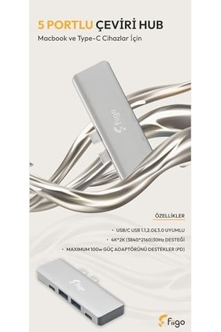Fiigo Macbook Ve Type-c Cihazlar İçin 5 Portlu Hub
