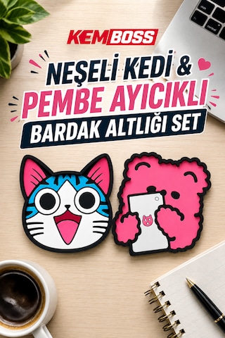 Kemboss Happy Kedi Ve Pembe Ayıcık Bardak Altlığı Seti 4'lü - Pvc Kaydırmaz Bardak Altlığı 2 Happy Kedi + 2 Pembe Ayıcık Çok Renkli