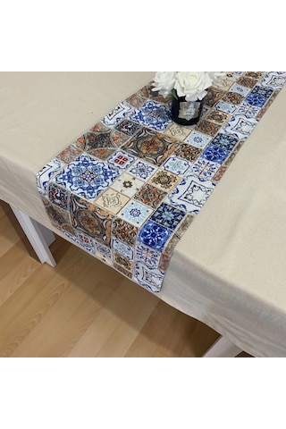Etnik Desenli Runner, Duck Kumaş Runner, Su Ve Leke İtici Dayanıklı, Modern Tasarım 35x120 Cm Çok Renkli