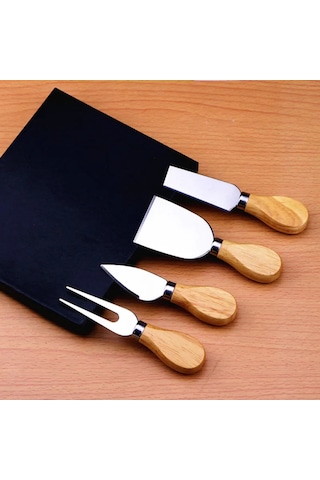 4 Parça Bambu Saplı Peynir Bıçak Çatal Spatula Seti, Sunum Seti