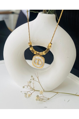 Küp Detaylı Marka Dior Çelik Kolye Altın