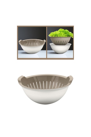 Flosoft Hazneli Makarna Süzgeci 25 Cm, Badyalı Kulplu Sebze Meyve Yıkama Süzgeci 3 Litre Bej