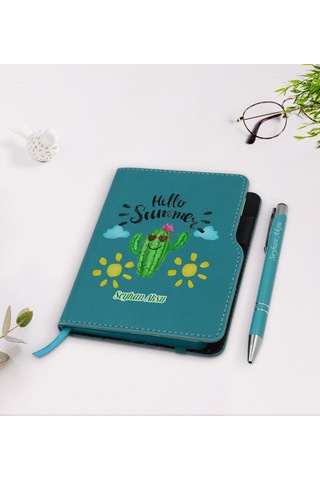 Kişiye Özel Kaktüs Tasarımlı Turkuaz Termo Deri Defter Kalem Seti N11.2148
